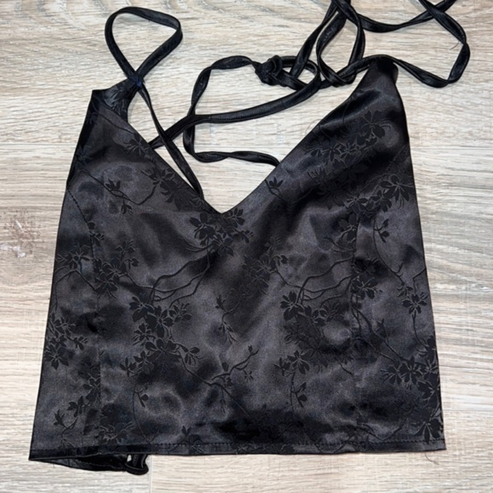 Black jacquard satin corset back crop top